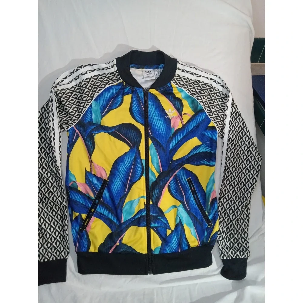 Adidas X Farm Rio Limited Edition Track Jacket Size XS Tropical Blue Yellow Leaf